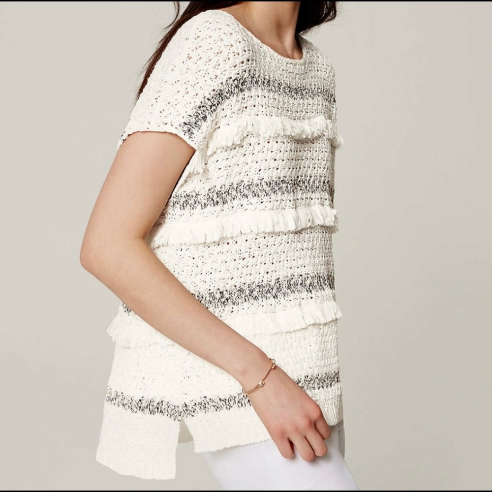 Anne Taylor LOFT White fringed sweater
